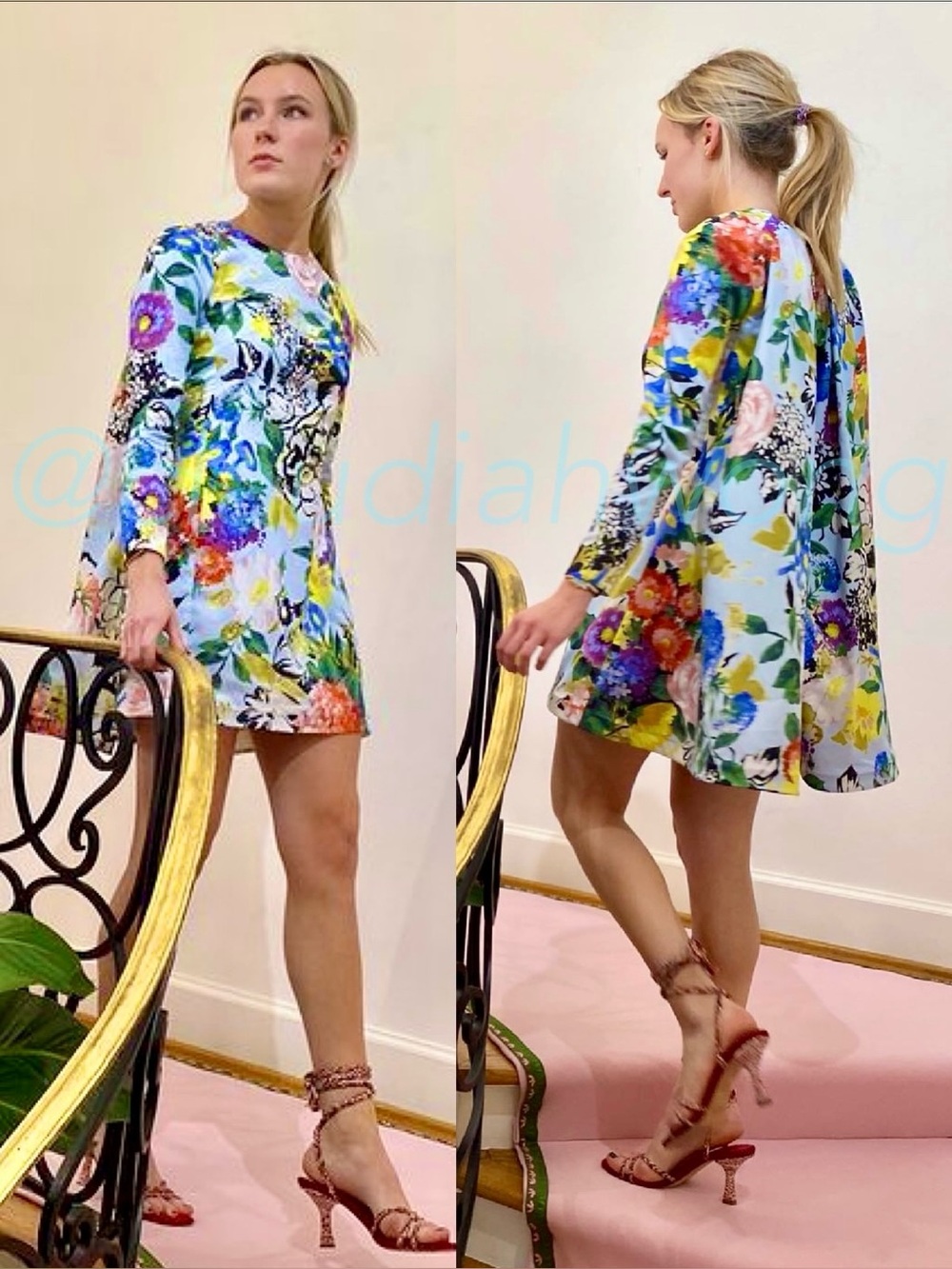 TISH COX Alex Floral Trailing Back Long Sleeve Dress in Blue